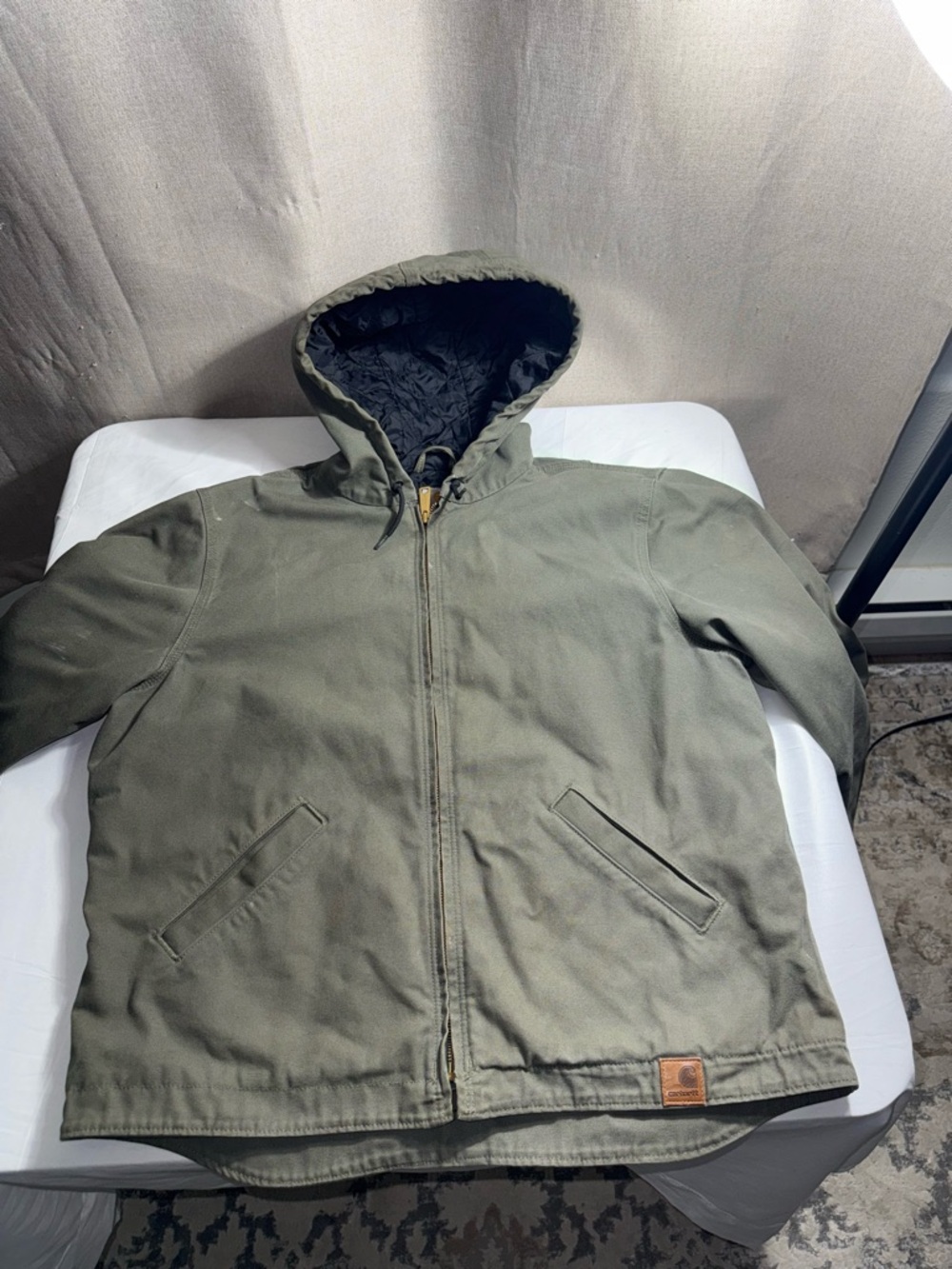 Carhartt Quilted Lined Hooded Work Jacket Color Green Size Large Duck Canvas